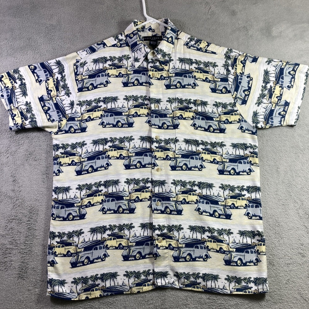 Vintage Hawaiian Shirt Men Medium Surf Board Cars Palm Trees Button Up Ivy Crew